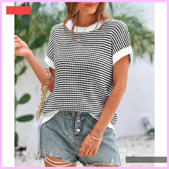 Striped Short Sleeve Pullover Sweater Vest Top, Knit Material, Spring Summer - Picture 4 of 4